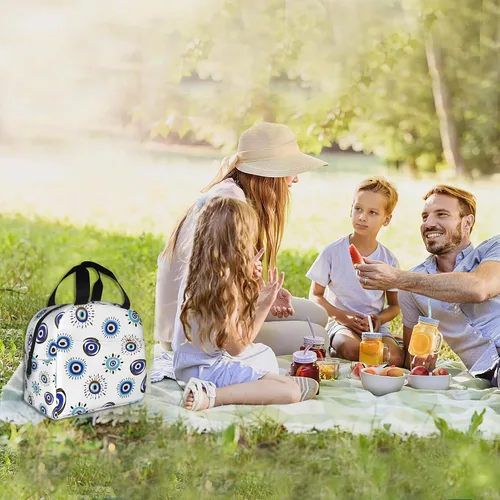 Vista 7 de Lonchera con aislamiento de ojo malvado azul para niñas y niños, lonchera reutilizable para niños, adultos, escuela, estudiantes, trabajo, picnic