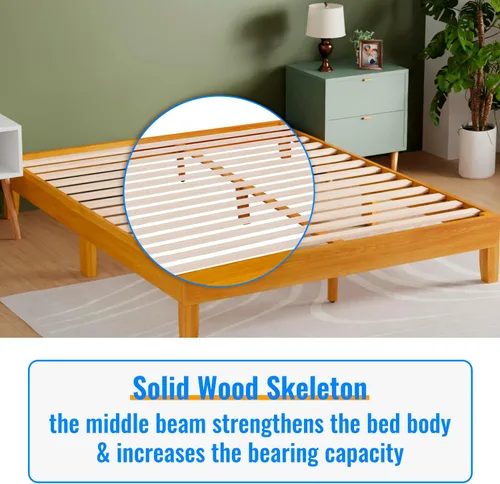 Vista 4 de PayLessHere Marco de cama de madera con plataforma tamaño Queen, sin cabecero, no necesita somier, listones de madera, soporte sin ruido, fácil