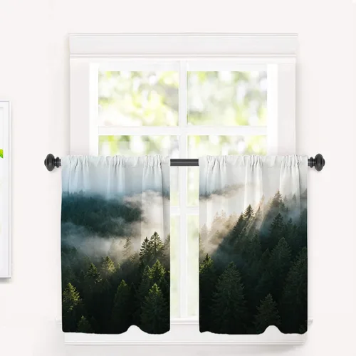 Vista 33 de Cortinas opacas de poliéster multicapa marrón con diseño de bosque natural, 2 unidades, 26 x 24 pulgadas