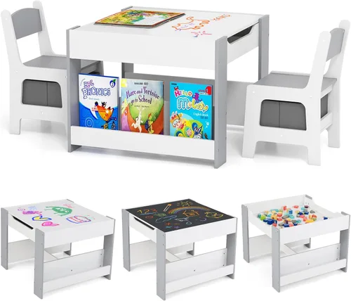 Vista 17 de Costzon - Juego de mesa y sillas para niños, escritorio de actividades multifuncional de madera para niños pequeños con mesa reversible, cajones