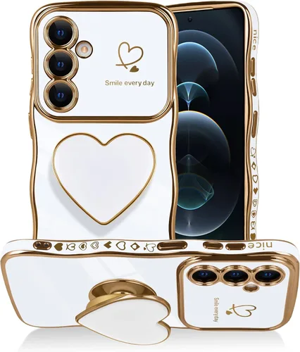 Vista 16 de Funda para Samsung Galaxy S22 Love-Heart Holder Case Cute Black Luxury Wave Frame forma rizada con corazón de amor, cubierta protectora de TPU suave