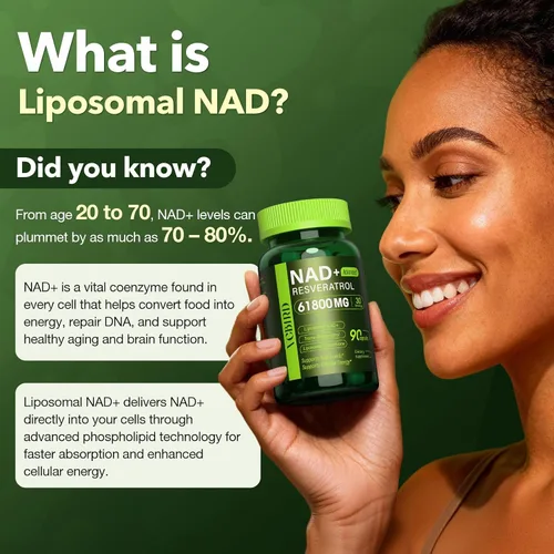 Vista 2 de Suplemento liposomal NAD con resveratrol 1200 mg por porción - NAD Resveratrol para mujeres y hombres - Suplemento NAD+ de alta pureza de 1200 mg