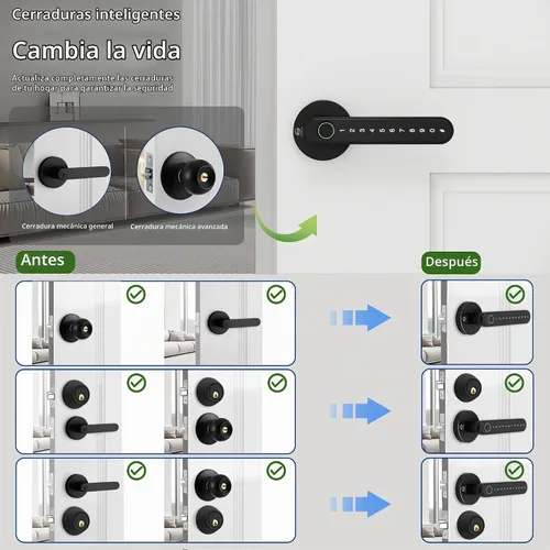 Vista 5 de Cerradura electrónica inteligente de huellas dactilares, entrada sin llave con asa, códigos, aplicación, tarjetas IC, huellas dactilares, llaves