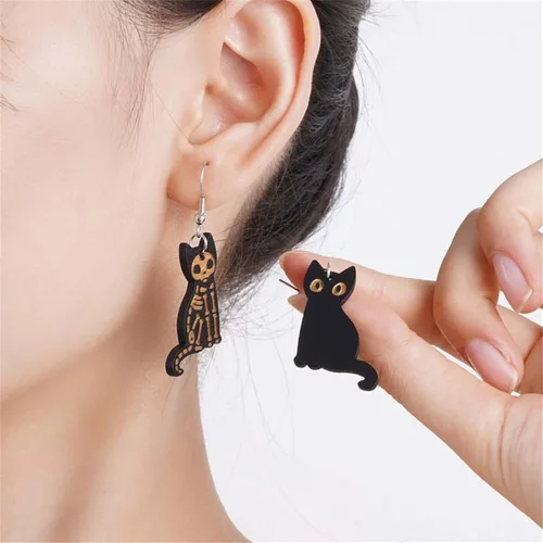 Vista 2 de Aretes Kawaii de Halloween con diseño de gato negro para mujeres y niñas, ligeros, de madera, con diseño de gato negro, aretes colgantes hechos a