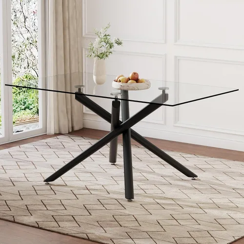 Vista 2 de Mesa de comedor rectangular de cristal minimalista grande y moderna para 6 y 8 pulgadas con mesa de vidrio templado de 0.39 pulgadas y patas
