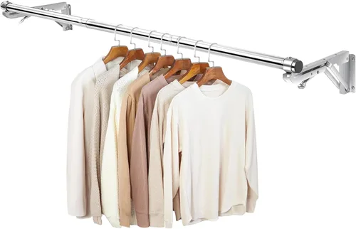 Vista 8 de Perchero plegable para montar en la pared, barra de 30 pulgadas de largo y 2 bases gruesas, acero inoxidable, multiusos para ahorrar espacio