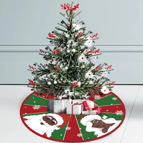 Vista 2 de Falda de árbol de Navidad rojo y verde negro Papá Noel afroamericano de 24 pulgadas, falda de árbol de invierno de Navidad para decoración
