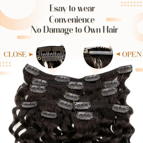 Vista 56 de Hetto . Extensiones de cabello humano rizado con clip, color #1 negro azabache, extensiones de cabello humano ondulado natural para cabeza completa