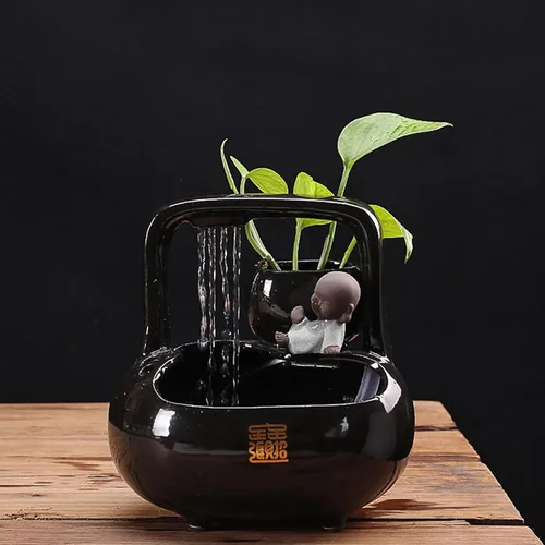 Vista 3 de Fuente de mesa Ndoor Zen, fuente de cerámica, fuente de mesa, fuente de mesa de cascada de cerámica negra brillante para oficina, decoración