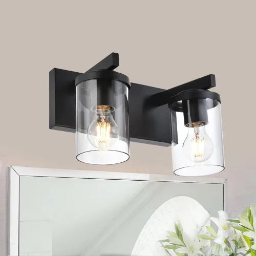 Vista 16 de BONLICHT Lámpara de pared de níquel cepillado de 2 luces con pantalla de cristal transparente, luces industriales de baño para interiores sobre