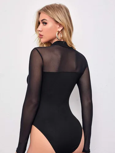 Vista 2 de Verdusa Body ajustado de malla transparente de manga larga con cuello alto falso para mujer