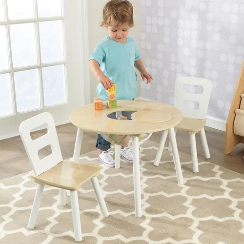 Vista 2 de KidKraft Conjunto de mesa de almacenamiento redondo y 2 sillas - Natural y blanco, 23.5 x 23.5 x 17.3