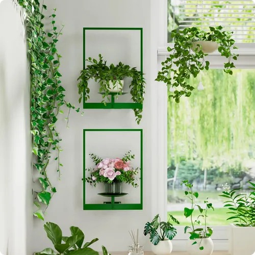 Vista 17 de Soporte para plantas de pared de metal negro, paquete de 2 soportes para plantas montados en la pared y soportes colgantes para macetas
