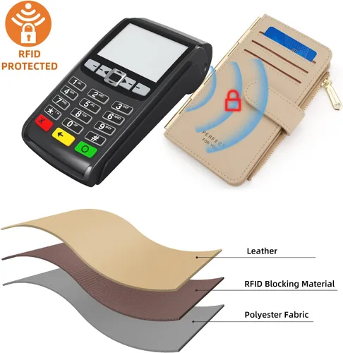 Vista 6 de PERFECB - Cartera para mujer, con bloqueo RFID, delgada, plegable, para tarjetas de crédito, simple con cremallera, Caqui, Tarjetero Wellet