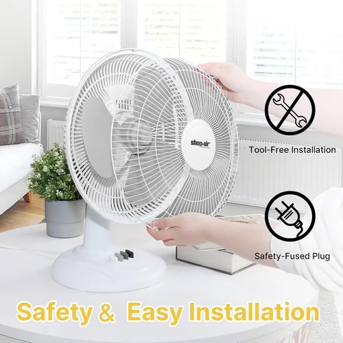 Vista 6 de Shop-Air Ventilador de mesa oscilante de 12 pulgadas, 3 velocidades, circulación de aire silenciosa y potente, inclinación de cabeza ajustable