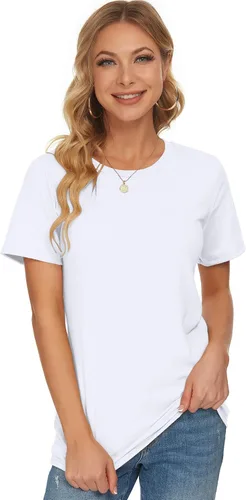 Vista 2 de WNEEDU Camisetas de manga corta para mujer, cuello redondo, holgadas, de verano, camisetas básicas