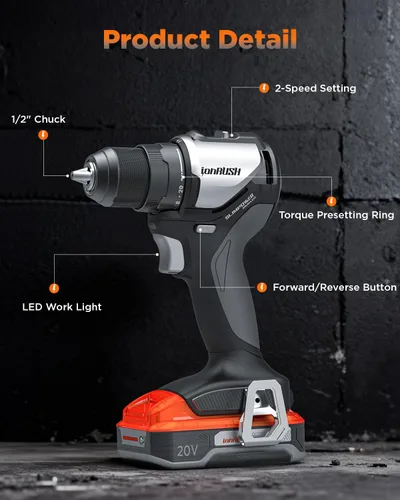 Vista 5 de Taladro eléctrico inalámbrico, compatible con batería Dewalt de 20 V máximo, taladro eléctrico sin escobillas con 2 velocidades variables