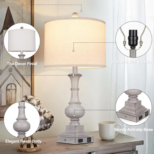 Vista 2 de 26" Farmhouse Lamp with 2 USB Ports & AC Outlet, Vintage Rustic Touch Control Bedside Lamp, Resin 3-Way Dimmable Nightstand Lamp Fabric Shade for
