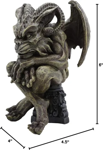 Vista 9 de Ebros Gift Gárgola con cuernos de carnero alado sentado en la catedral, estatua de pedestal de 6 pulgadas de alto, Osario de fantasía oscura