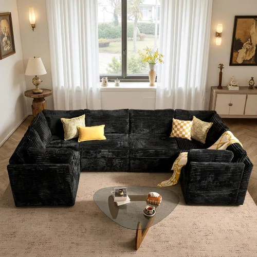 Vista 41 de Ovios - Sofá modular con diván en forma de U y otomanas, cómodo y mullido, tapizado en pana estilo nube, moderno, asiento profundo, juego de sofás