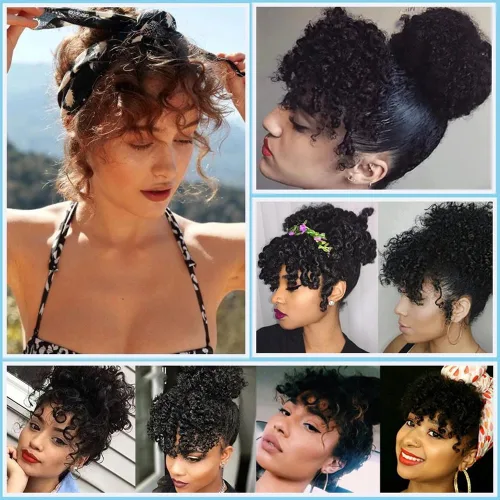Vista 2 de Extensión de cola de caballo con cordón corto negro Afro Puff Kinky Curly Bangs Clip corto para mujeres peluca pieza