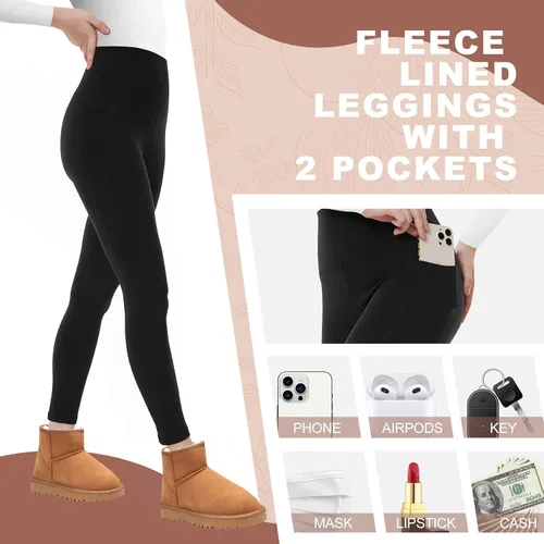 Vista 2 de Opuntia Paquete de 2 leggings de cintura alta con forro polar para mujer pantalones cálidos de invierno con control de abdomen para yoga senderismo