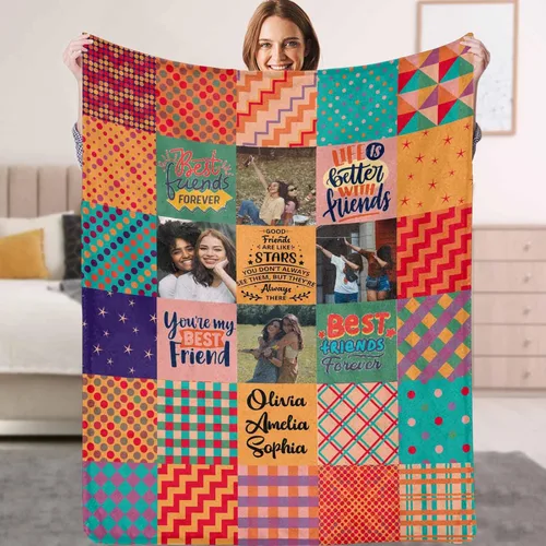Vista 19 de YESCUSTOM Manta personalizada de Friends Forever con collage de fotos y texto, manta personalizada para mejores amigos, mejores amigos, cumpleaños