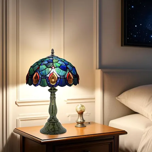 Vista 6 de Tiffany Style Stained Glass Table Lamp 18.5 Inch - Blue Peacock Tail 12X12X18.5 Inch, E26 Bulb Base，Pull Chain Switch, Ceramic Base, Bedside