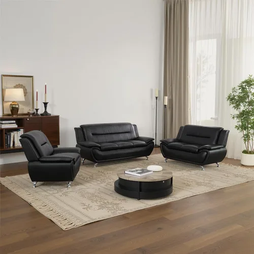 Vista 11 de Juego de sofá de cuero para sala de estar, juego de muebles de sala de estar de 3 piezas, juego de sofá moderno con sofá de 3 plazas, sofá biplaza