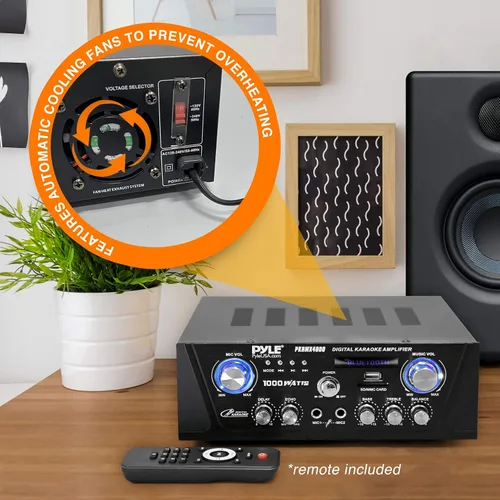 Vista 4 de Pyle Amplificador de karaoke digital Bluetooth para el hogar, receptor de audio para el hogar de 600 W con pantalla LED, ventilador