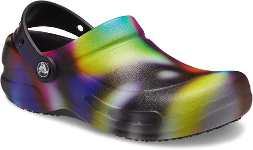 Vista 2 de Zuecos Crocs Unisex Adulto Bistro Zapatos de trabajo antideslizantes, neón Tie Dye, 6 Women/4 Men