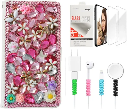Vista 6 de Bling - Funda de piel con tapa para iPod Touch 5ª, 6ª y 7ª - Elegante - Diseño de flores en 3D - Funda de piel con protector de pantalla y protector