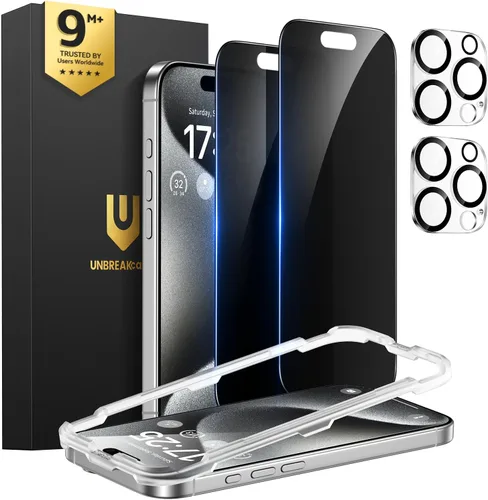 Vista 11 de UNBREAKcable Protector de pantalla de privacidad para iPhone 15 (6.1 pulgadas), paquete de 2 + 2 protectores de lente, antiespía de 25°, dureza 9H