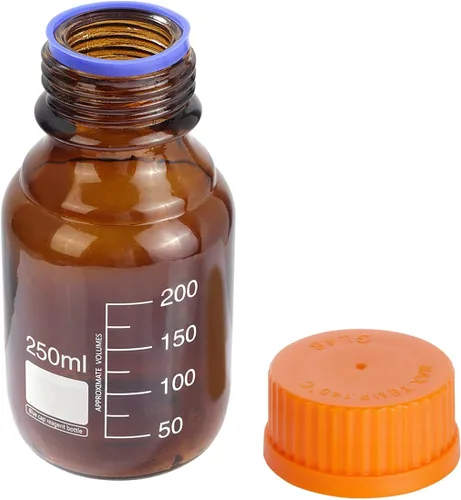 Vista 4 de 10 piezas de vidrio de borosilicato ámbar 8.5 fl oz graduado redondo laboratorio reactivo medios/botella de almacenamiento con tapa de rosca naranja