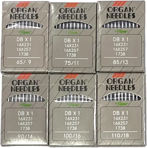Vista 3 de 60 agujas industriales de órganos DBX1 en varios tamaños 9, 11, 13, 14, 16, 18 agujas para máquina de coser de órganos japoneses compatibles