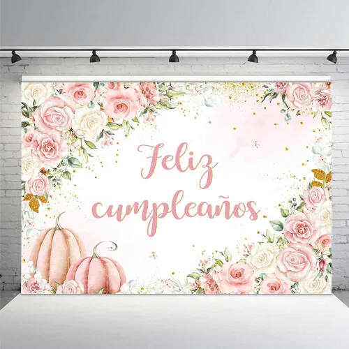 Vista 8 de MEHOFOND Fondo de otoño de 7 x 5 pies, calabaza de feliz cumpleaños, hierba de las pampas, puntos dorados con purpurina floral para niños, fondo