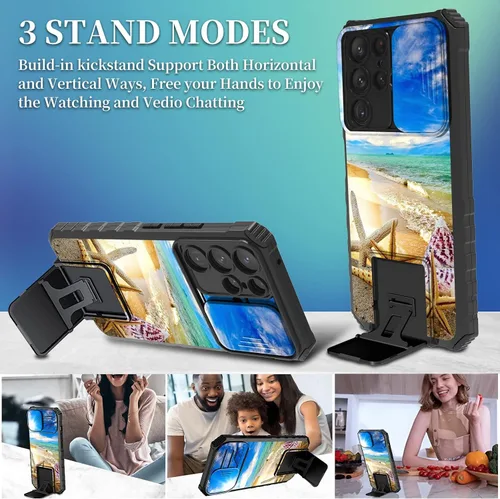 Vista 3 de FUYOCWE Funda para Samsung Galaxy S22 Ultra con cubierta para cámara deslizante, resistente Defender Kickstand Protector de lente de cámara Funda