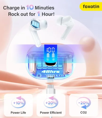 Vista 2 de Auriculares inalámbricos Ear Buds - Auriculares Bluetooth 5.3 (reproducción de 48 horas) Micrófono integrado con pantalla LED estuche de carga, IP7