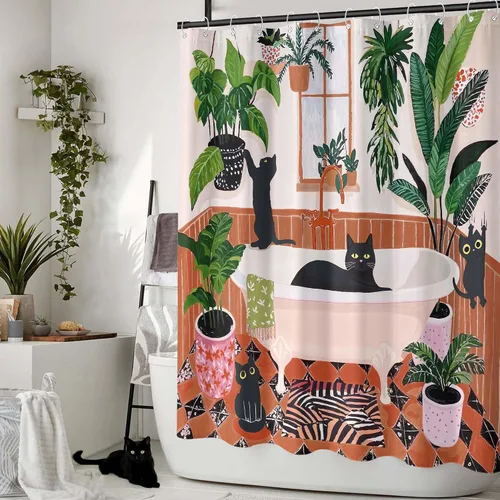 Vista 4 de Divertida cortina de ducha con diseño de gatos negros, estilo bohemio, bonita, divertida, para baño, gatito, verde, hojas tropicales, beige, marrón
