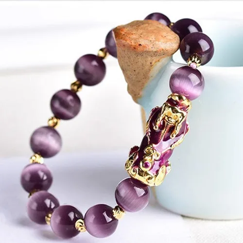 Vista 8 de Pulsera de amuleto chino de Feng Shui, pulsera de buena suerte con cuentas, amuleto de riqueza Pi Yao, joyería de buena suerte y riqueza, morado