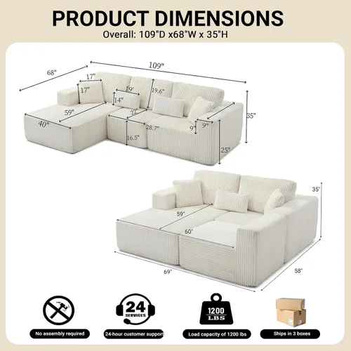 Vista 2 de Sofá modular de 110 pulgadas, sofá modular de pana en forma de L sin hueso con diván, moderno sofá de asiento profundo tapizado para sala de estar