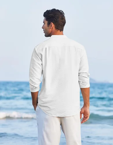 Vista 4 de COOFANDY Camisa Henley de lino para hombre, de manga larga, casual, hippie, de algodón, para playa