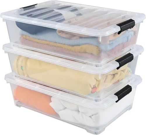 Vista 7 de Cajas de almacenamiento de plástico de 25 cuartos de galón debajo de la cama, contenedor de almacenamiento con ruedas, paquete de 3, transparente