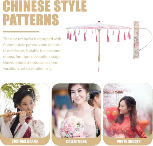 Vista 9 de Homoyoyo Sombrilla de tela con patrón de flores, sombrilla de tela de seda japonesa china con bolsa de borlas, kimono Hanfu, suministros de disfraz