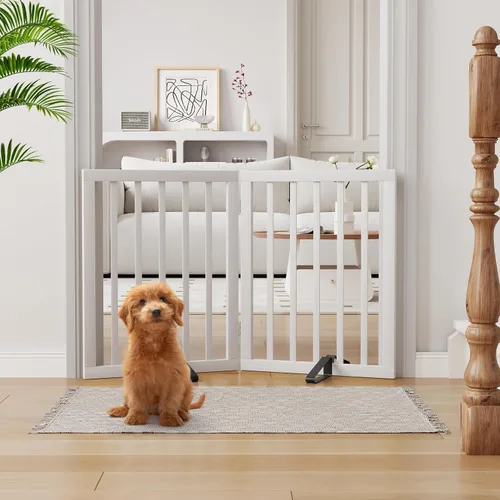Vista 33 de Semiocthome Puertas de bambú para perros para interiores, puertas independientes de 2 paneles para cachorros para la casa con 2 soportes de metal