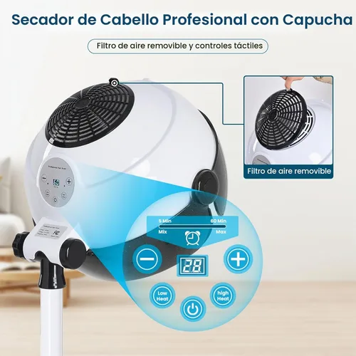 Vista 2 de Secador de pelo con capucha, secador de campana profesional sobre ruedas, secador de pelo de pie