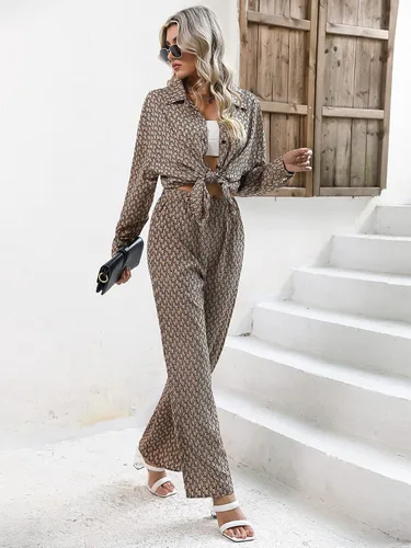 Vista 4 de GORGLITTER Conjunto de 2 piezas con estampado de manga larga y cuello con botones y pantalones largos para mujer