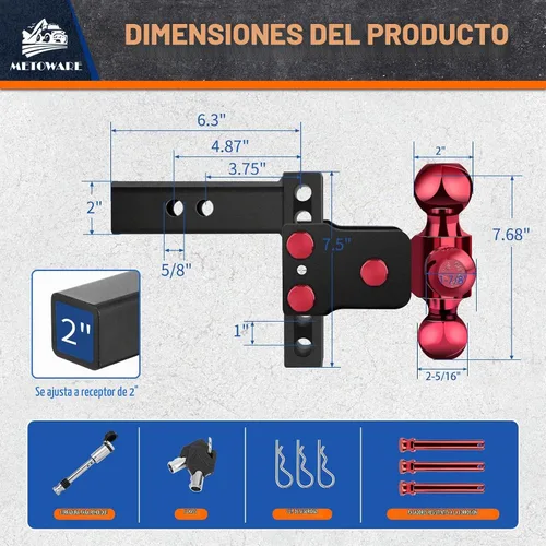 Vista 6 de METOWARE Enganche de remolque ajustable para receptor de 2" Tri-Ball 4 Negro + rojo