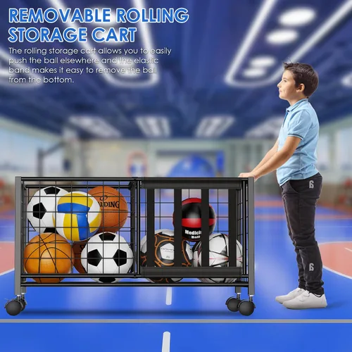 Vista 2 de Almacenamiento de pelotas de garaje, organizador de equipo deportivo 2 en 1, organizador de garaje con cesta y ganchos, carrito organizador