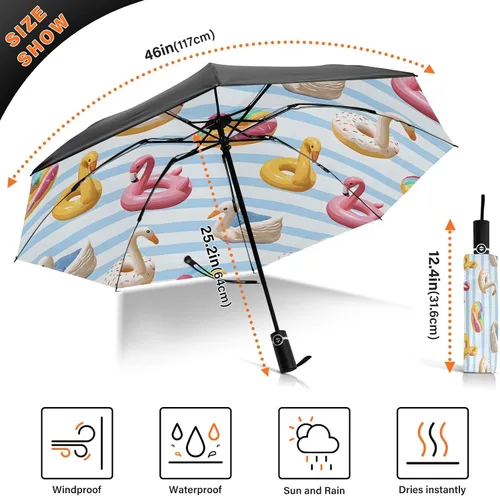 Vista 3 de ALAZA Folding Umbrella Flamingo Swan Circlen Bule Stripes Compact Travel Umbrella Automatic Open Close, Inverted Umbrellas for Rain Windproof UV